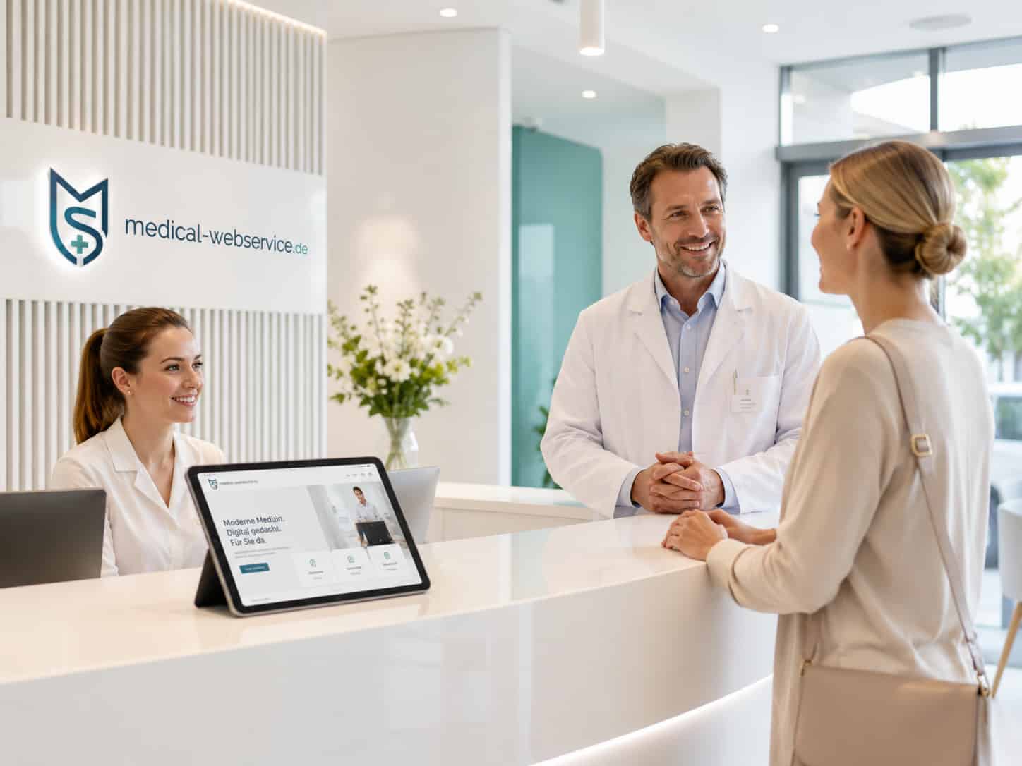 Hochwertige Praxis mit digitaler Webseite am Empfang