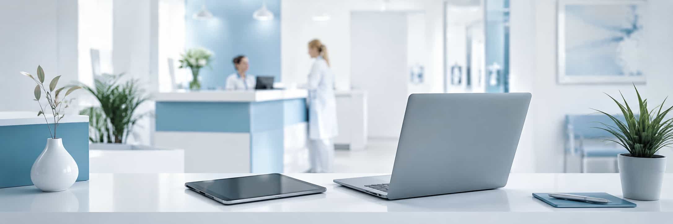 Moderne medizinische Praxis mit Laptop und digitaler Arbeitsumgebung