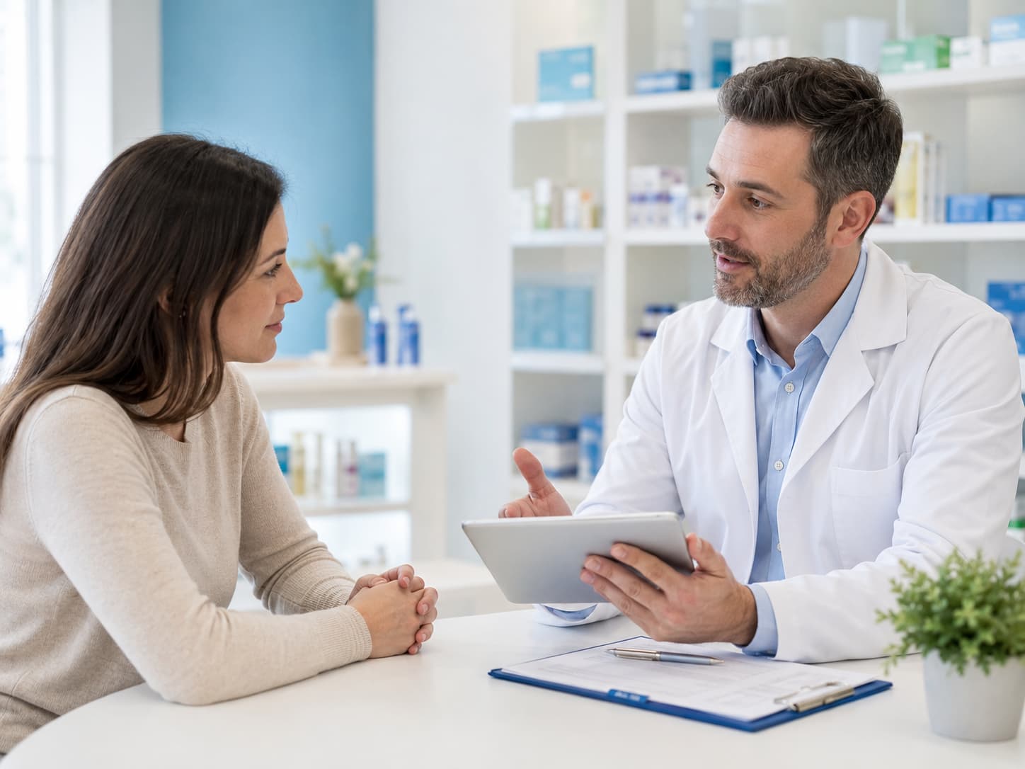 Beratungssituation in einer modernen Apotheke mit digitaler Unterstützung