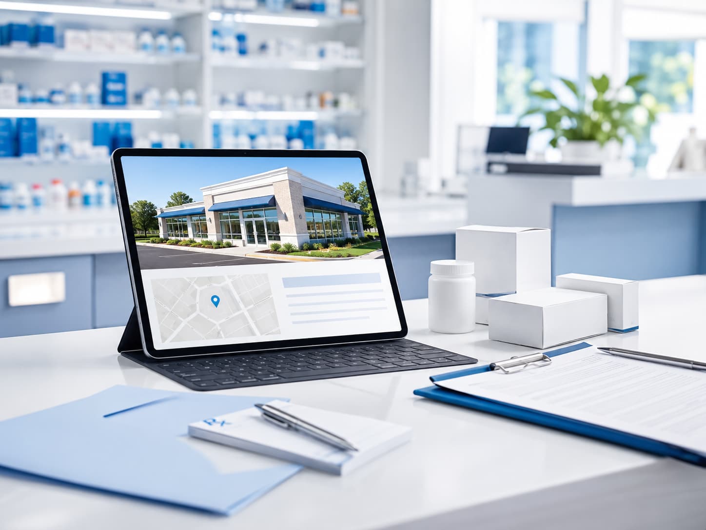 Digitaler Arbeitsplatz in einer Apotheke für Website und Online-Service