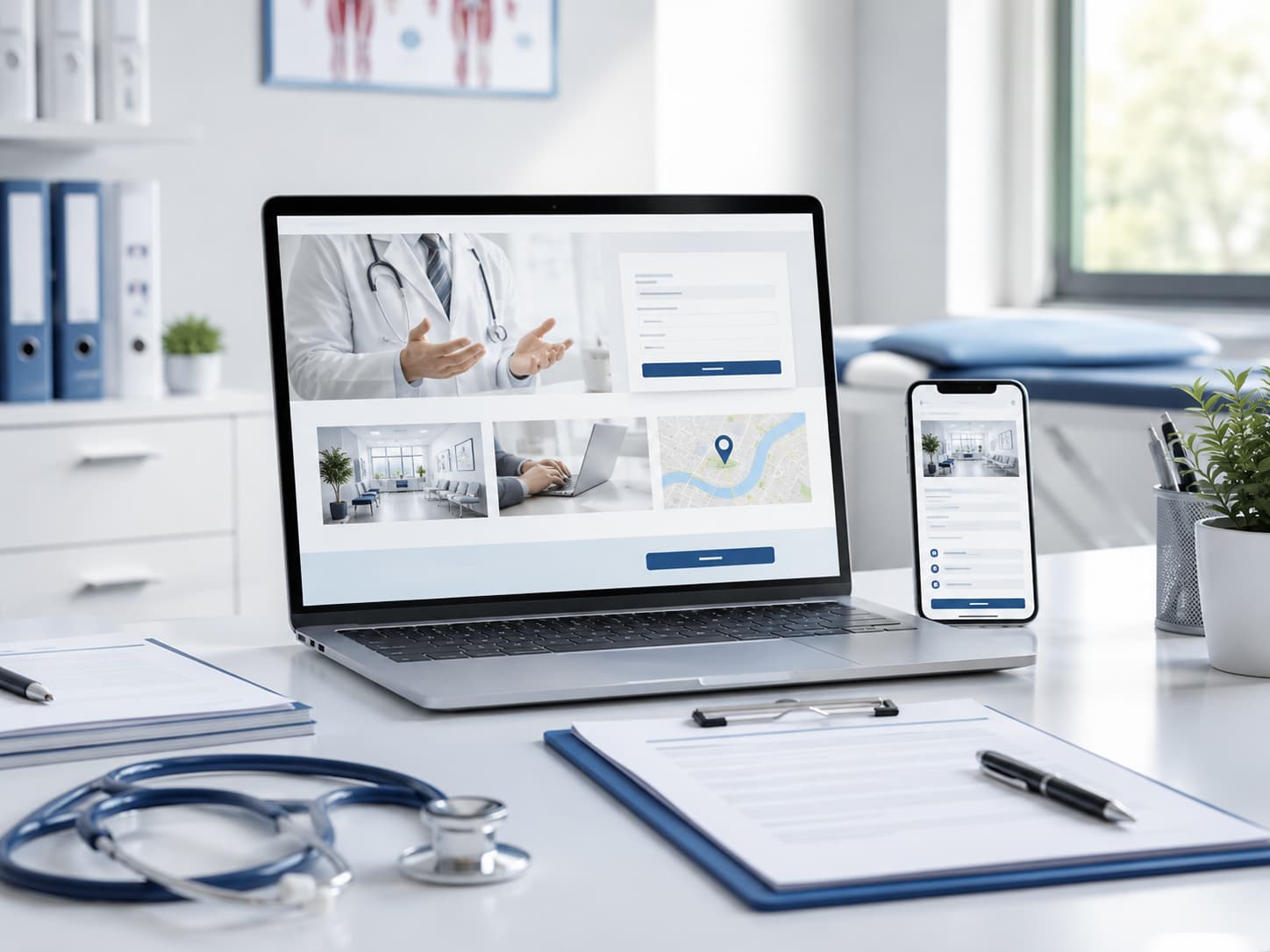 Digitaler Arbeitsplatz in einer Arztpraxis für Website Kontakt und Online-Termin